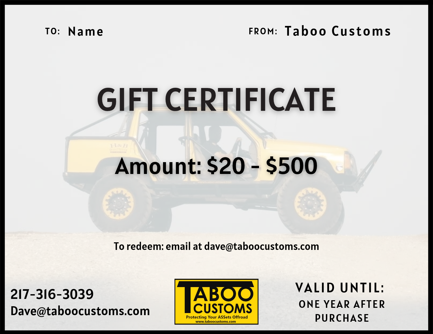Taboo Customs Gift Certificate